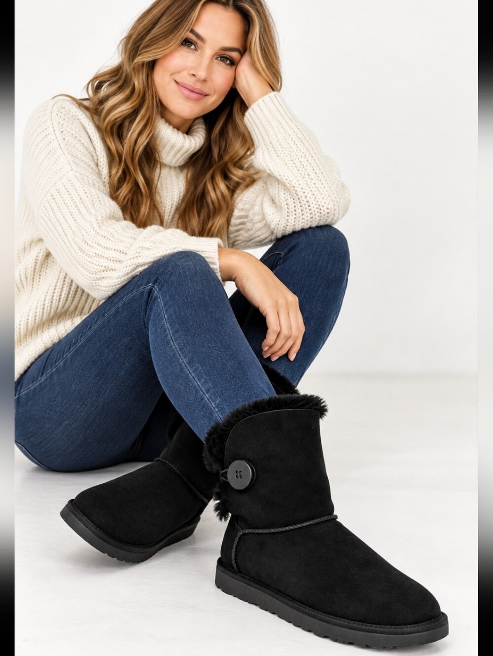 UGG Mini Bailey Button Black Suede Shearling Ankle Boots Sz 6